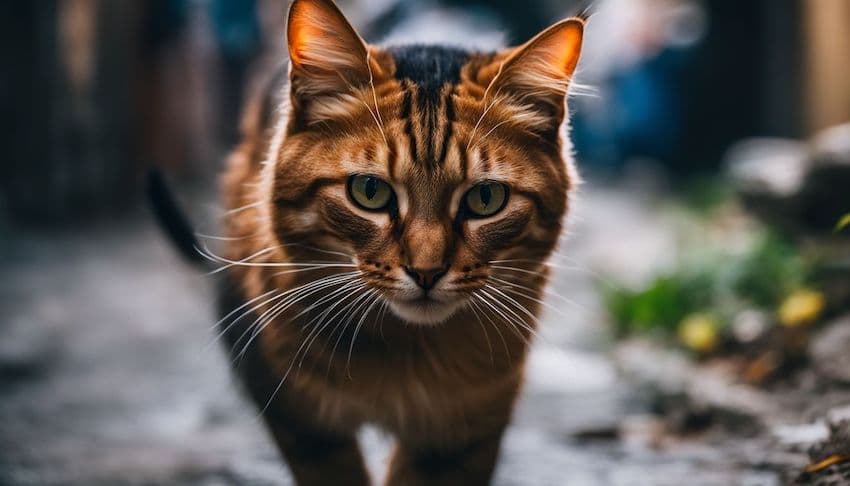 un chat prêt à attaquer un pri dans une rue