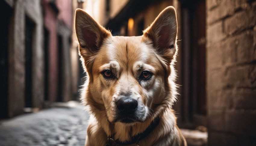 un chien prêt à attaquer quelqu'un dans une rue