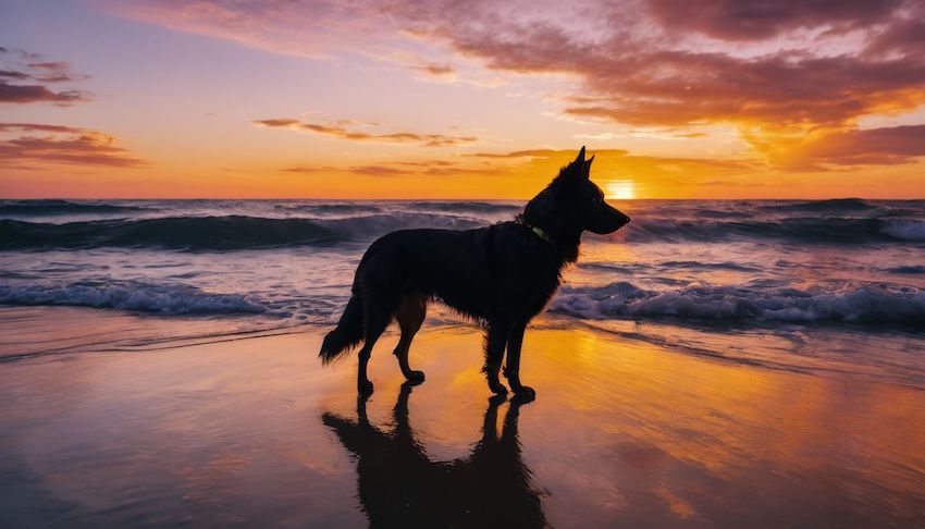 un chien sur une plage au coucher du soleil