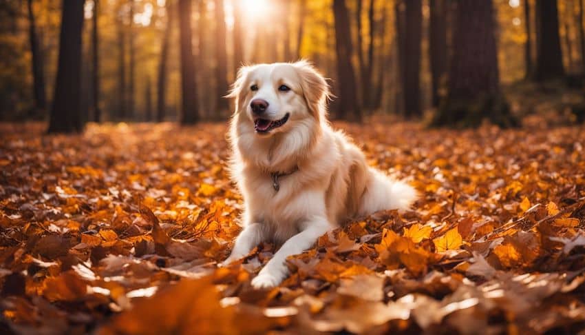chien reposant sur un lit de feuilles d'automne