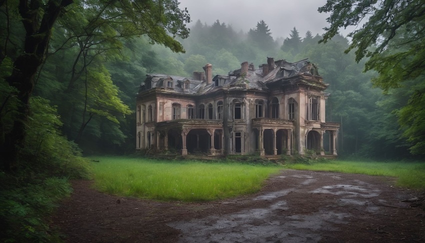an scary-looking abandoned house tin a field