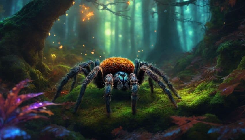 une tarentule rêveuse dans une forêt magique