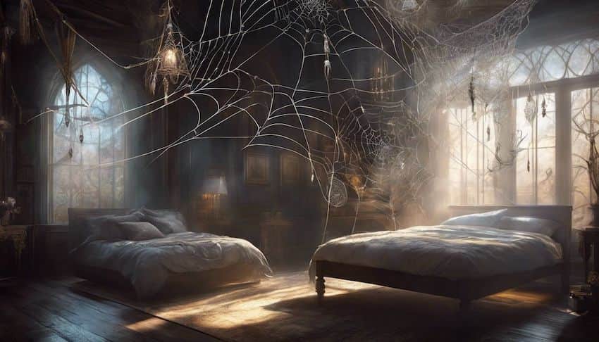 une chambre à coucher remplie de toiles d'araignées blanches